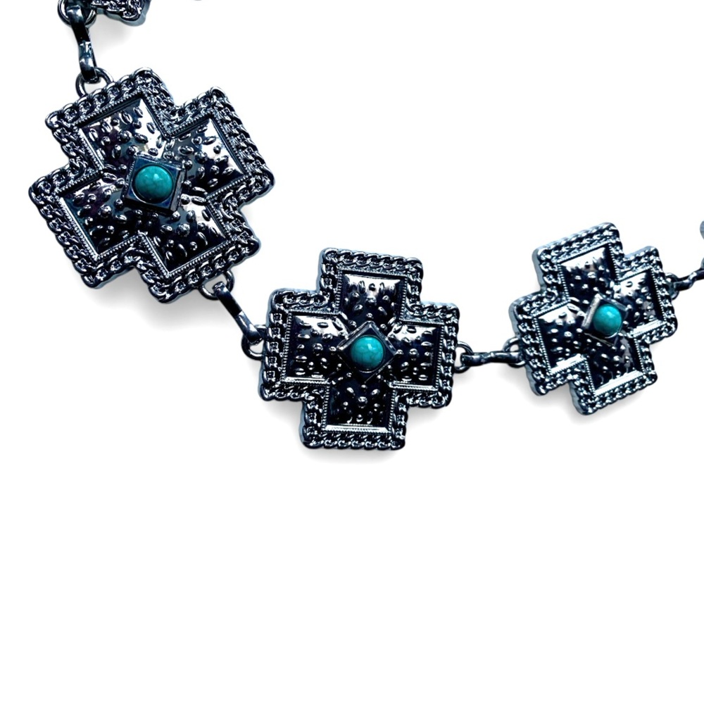 Western Style Cross Shaped Concho Faux Turquoise Adjustable Woman’s Chain Belt - Picture 4 of 6
